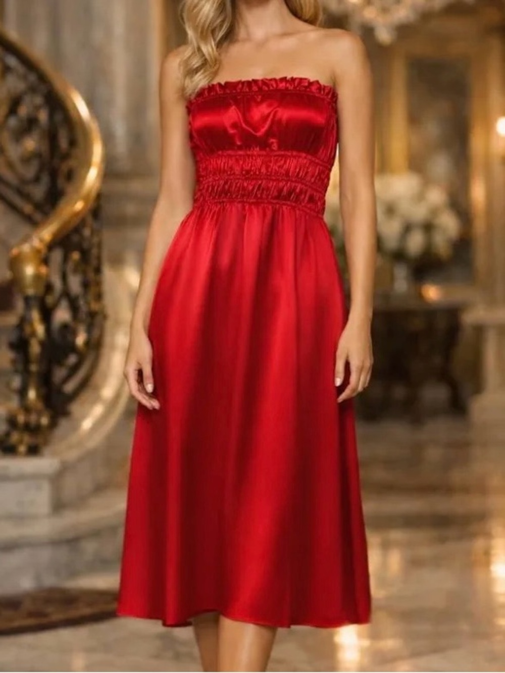 Reformation Plumeria Smocked Silk Strapless Midi Dress Red XS